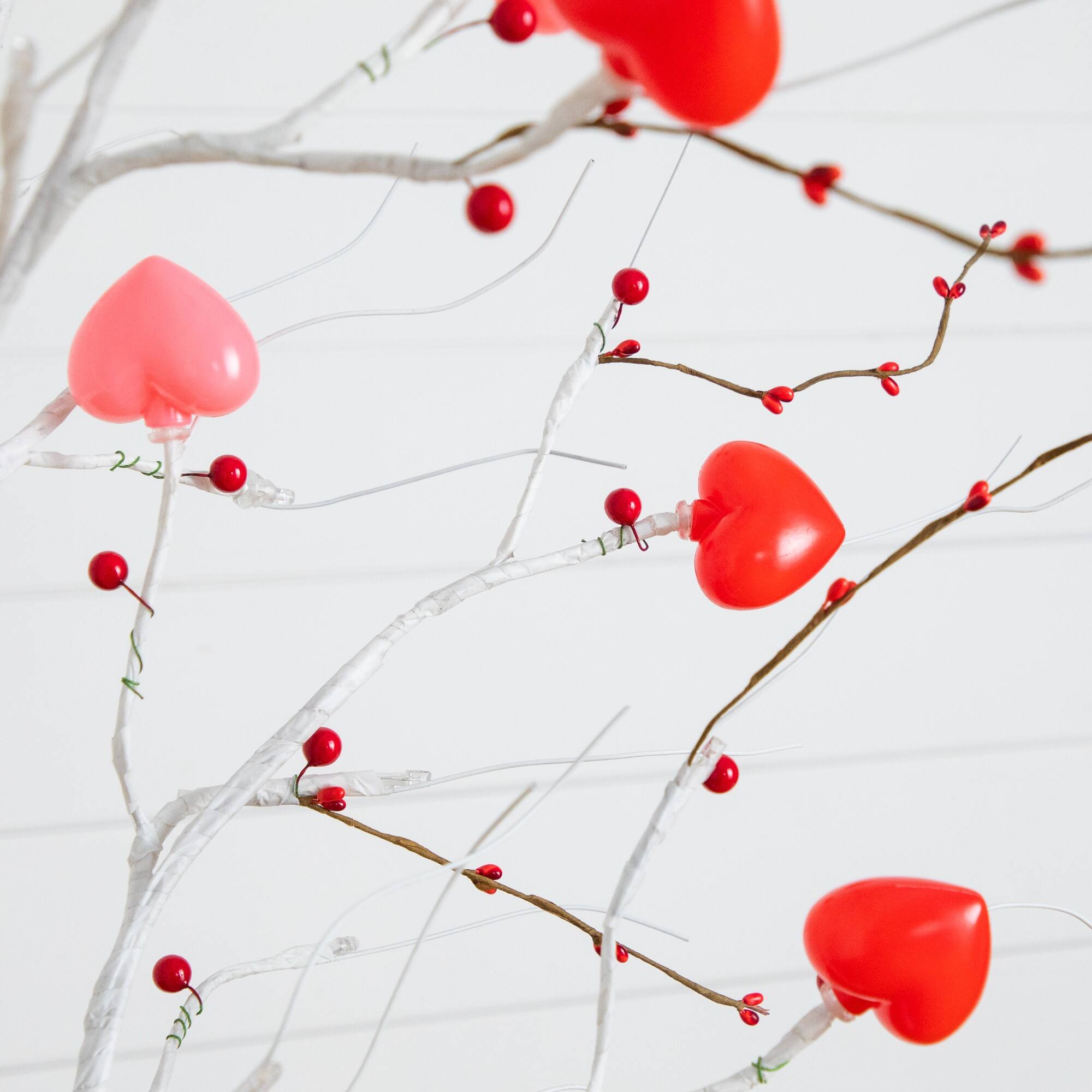 6ft. Pre-Lit Artificial Valentine's Day Twig Tree with 96 Heart Shaped LED Lights and Red Berries